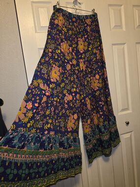 NATURAL LIFE Navy Wide-Leg Floral Palazzo Pants with Pink & Yellow Flowers